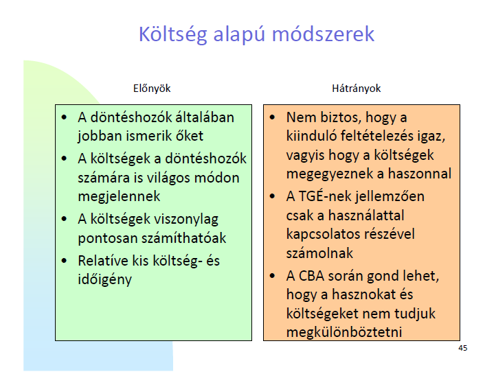 A költségeken alapuló módszerek A költség alapú módszerek abból a feltételezésből indulnak ki, hogy egy természeti erőforrás értéke, azaz az általa az ember számára biztosított hasznosság megegyezik