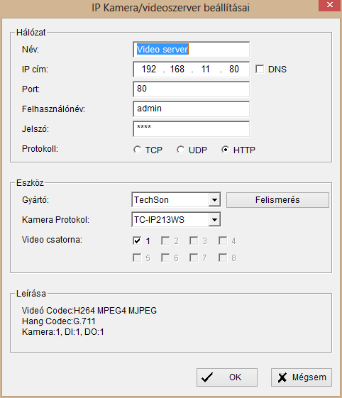 Az itt látható képernyőn töltse ki a kamera nevét, IP-címét, a webfelület portját, ami legtöbbször 80, majd írja be a hozzáféréshez szükséges nevet és jelszót.