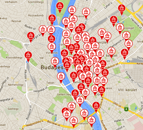 díjért (30 percig ingyenes) 1100 kerékpár 76 helyszínen (2015. I.