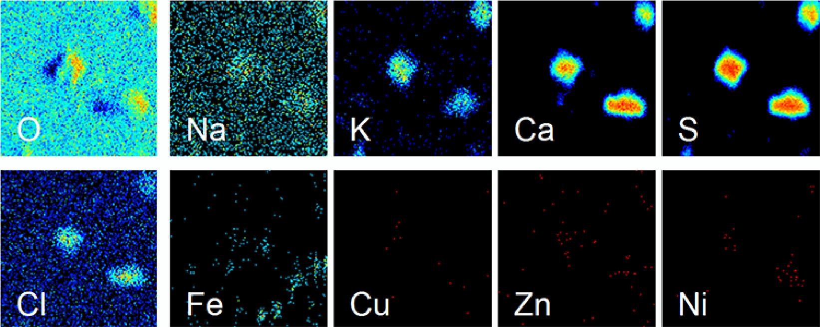 A források azonosítása egyediszemcse-analízissel O Na K Ca S Cl Fe Cu Zn Ni Min. Max. 5.7. ábra Az egyediszemcse-analízis során kapott elemtérképek. A PIXE elemtérképein a szín fekete (min.