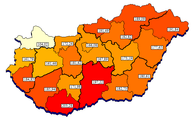 10 ezer lakosra jutó teljes HBCs esetek területi megoszlása a beteg lakóhelyének
