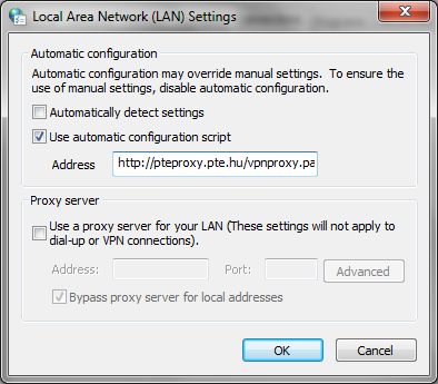 A cím sorba adja meg azt, hogy http://pteproxy.pte.hu/vpnproxy.pac A beállítások elvégzése után fenti ablakokban mindenhol az "OK" gomb segítségével kell kilépni.