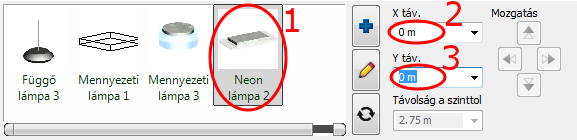A Függő lámpa 3 lámpa hiányzik a Kedvencek közül, így az Új elem (2) elnevezésű mappa ikonra kattintva tudjuk kiválasztani ezt a lámpatípust (3). Állítsa be az X és Y távolságot.