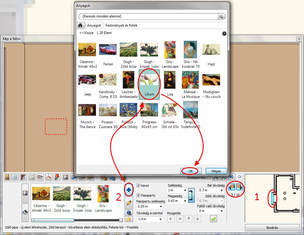 Válassza ki a Vitorlás c. képet a Kedvencek közül (2) (vagy Új elem hozzáadásával az Anyagokból). Kerettel és Paszpartuval rendelkezzen (3, 4), Távolság a szinttől: 1.4m (5).