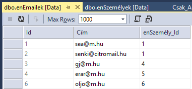 Futtassuk le az adatokat tartalmazó szkriptet. Vigyünk fel néhány e-mail címet Visual Studioból. Egészítsük ki a lekérdez metódust úgy, hogy az e-mail címeket is jelenítse meg.