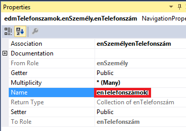 Összekötjük őket egy Association kapcsolattal az enszemélytől kiindulva. Navigációs tulajdonságok jelennek meg mindkét entitásnál.