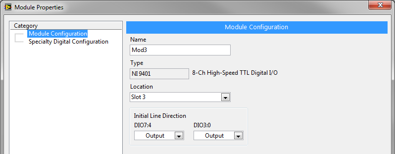 10.9. ábra: Az NI 9401 digitális modul konfigurációja a Module Properties ablak segítségével 10.10. ábra: Az NI 9401 modul vonalainak kimenetként való konfigurálása LabVIEW kódból FPGA programozása A crio platform összes képességét az FPGA közvetlen programozásával lehet elérni.