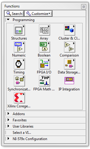 10.11. ábra: Az FPGA paletta Az FPGA programot futtatás előtt le kell fordítani az FPGA által értelmezni tudott bitfile-ba. A fordításhoz először ki kell választani a megfelelő Compile Server-t.