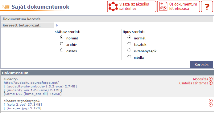 A feltöltött dokumentumok az alábbi módon jelennek meg a színtérben a fentebb említett címkék szerint csoportosítva.