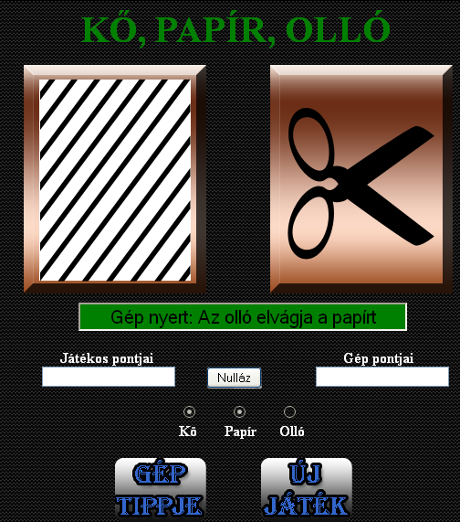 Kő, Papír, Olló Felhasználói dokumentáció Feladat: JavaScript és CSS segítségével Kő, Papír, Olló feladat készítése. Futtatási környezet: A http://10.0.0.101/~szabby/ linkre kattintva megjelenik az oldal.