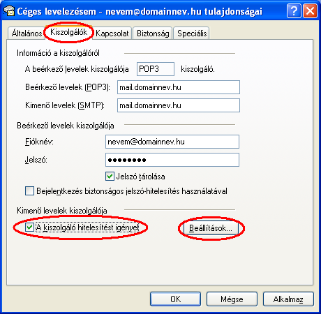 11. Kiszolgáló adatok beállítása Lépjen át a Kiszolgálók fülre. Kapcsolja be A kiszolgáló hitelesítést igényel kapcsolót, majd kattintson a Beállítások gombra.