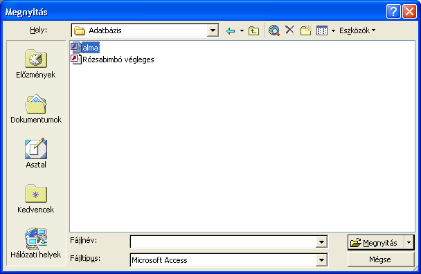 LÉTEZİ ADATBÁZIS MEGNYITÁSA Létezı adatbázist megnyithatunk a munkaablak Fájlok hivatkozást, valamint a Fájl menü Megnyitás parancsát használva.