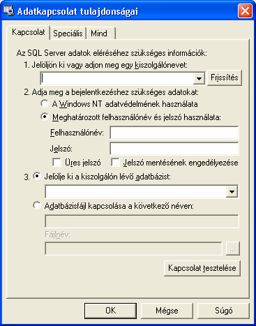 Az Access a kapcsolatinformációk tárolásához létrehoz egy Microsoft Access Project fájlt. Ennek nevét és helyét a megjelenı Új adatbázis ablakban adhatjuk meg.