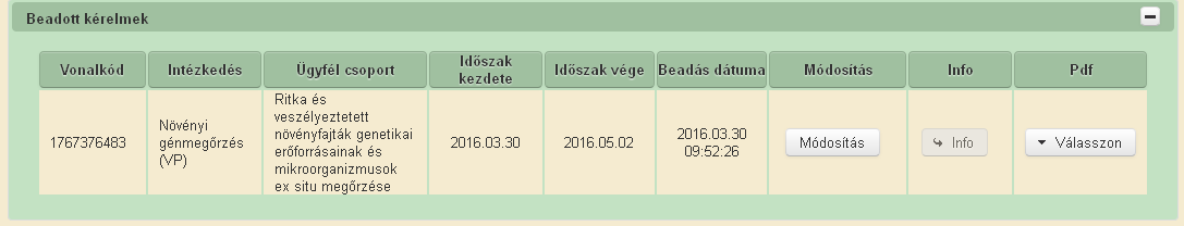 8. A támogatási kérelem beadásának megindítása, a kérelem rögzítése A Növényi génmegőrzés (VP) pontra kattintva a beadó felület Elektronikus Támogatási Kérelem (ETK) bizonylat előválasztó felületére