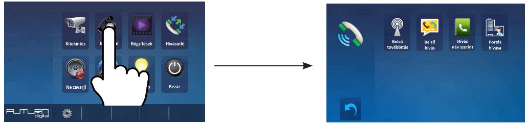 3.3. Alapfunkciók kezelése 1. Nyomja meg a Hívás gombot a kaputáblán, ekkor a beltéri csörögni kezd és megjelenik a kamera képe a kijelzőn. 2.