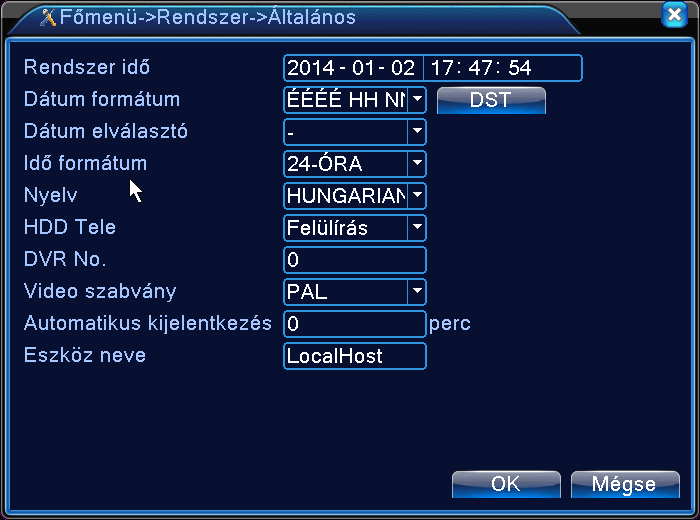 10.1 Általános beállítás IDENTIVISION DVR / HVR / NVR TELEPÍTÉSI LEÍRÁS 38. ábra Általános beállítások [Rendszeridő] Rendszer dátum és idő beállítása.