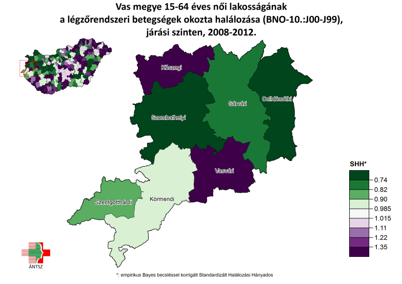 iv. A légzőrendszer betegségei A légzőrendszer betegségei miatti halálozás férfiak tekintetében a vizsgált időszakban csökkenő trendet mutat, az időszak második felére országos szintnél kedvezőbb