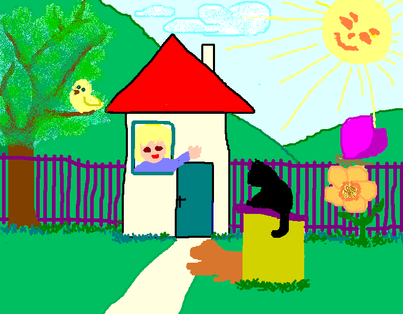 GYERMEKRAJZ A lap alján zöld fű: fésűszerű, Középen kis ház piros tetejű... Egy szöszke kicsi lány az ablakból rád tekint, S a Nap fenn a sarokban aranylón melegít.