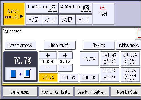 Eredetik kicsinyítése vagy nagyítása 1. Nyomja meg a [Kics. /nagy.] gombot. 2. Válasszon ki egy méretarányt, majd nyomja meg az [OK] gombot. 3. Helyezze be az eredetit, és kezdjen szkennelni.