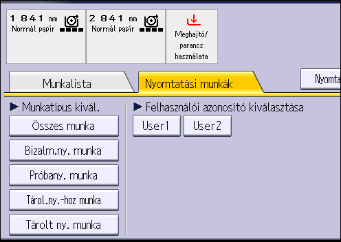 4. Nyomtatás 1. Nyomja meg a [Kezdőképernyő] billentyűt a vezérlőpult bal felső részén, majd nyomja meg a [Nyomtató] ikont a [Kezdőképernyő]n. DHJ243 2. Nyomja meg a [Nyomtatási munka] fület. 3.