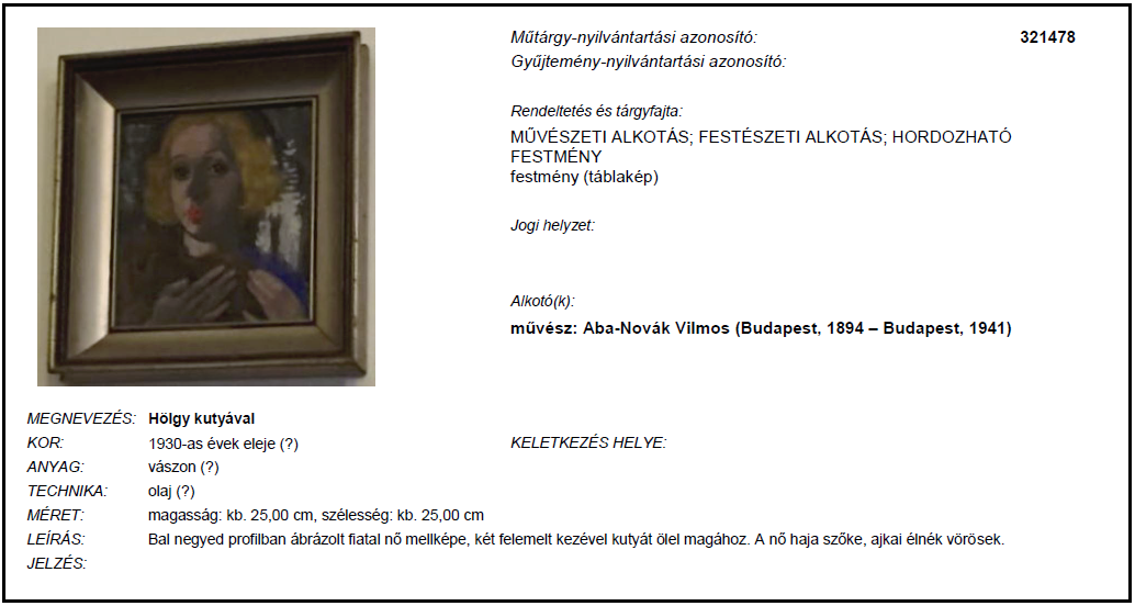A 2015 októberében a szombathelyi magántulajdonból ellopott Aba-Novák Vilmos (Budapest, 1894 Budapest, 1941): Hölgy kutyával [műtárgy-nyilvántartási azonosító: 321478] című festményt a lopást