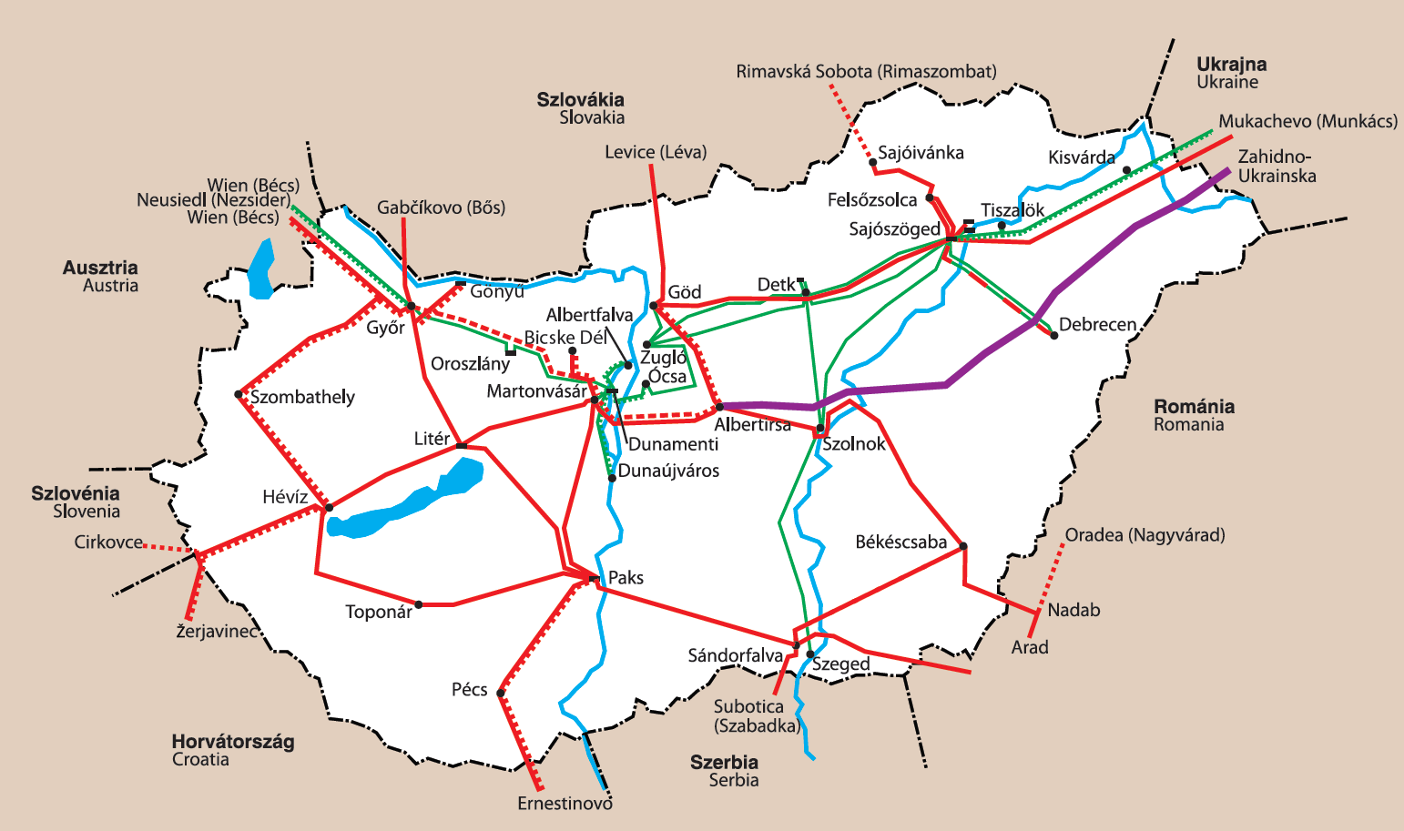 400 kv egyrendszerű távvezeték 400 kv kétrendszerű távvezeték 220 kv egyrendszerű távvezeték 750 kv távvezeték 400 kv tervezett / épülő távvezeték 220 kv-on