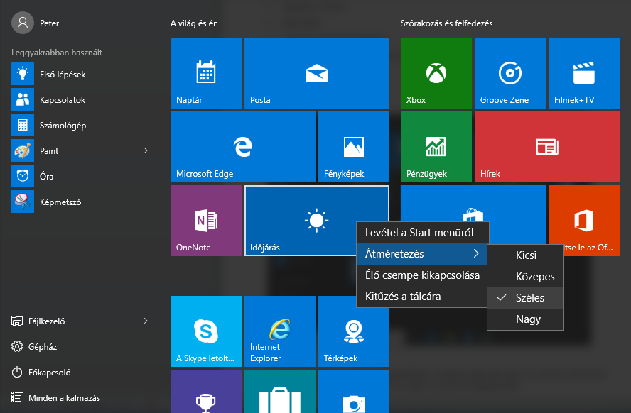 5 Ismerje meg a Windows 10-et! Csempék A Start menü jobb oldalán a gyakran használt alkalmazások csempéi találhatók. Ha át szeretné helyezni valamelyik csempét, csak húzza át a kívánt helyre.