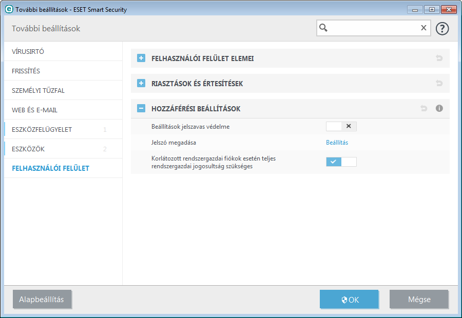 4.7.4 Hozzáférési beállítások Az ESET Smart Security beállításai biztonsági házirendje lényeges részét képezik. A jogosulatlan módosítások veszélyeztethetik a rendszer stabilitását és védelmét.