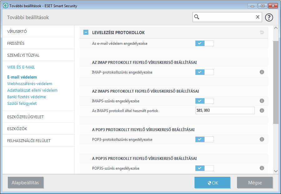 4.2.2.3 Riasztások és értesítések Az E-mail védelem biztosítja a POP3 és az IMAP protokollon keresztül érkező levelek ellenőrzését.