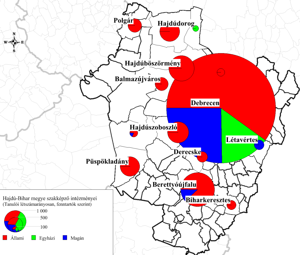 A városokban fellelhető szakképző intézmények feladatellátási helyeinek fele (50) Debrecenhez köthető (9. ábra).