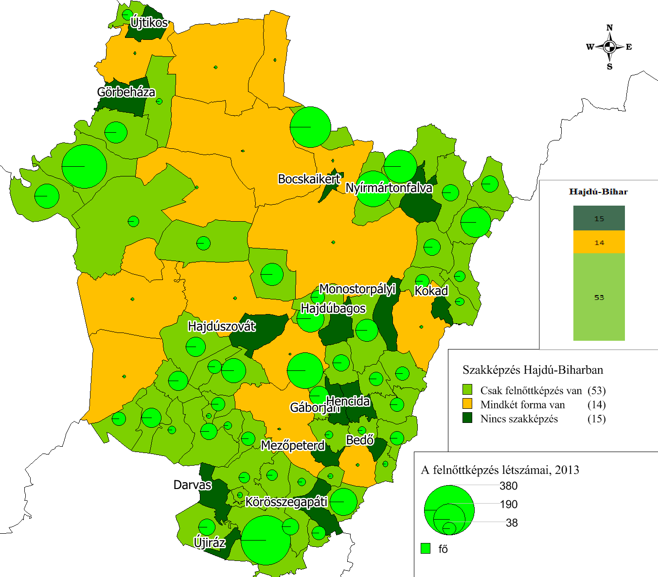 14. ábra: A szakképzés intézményeinek területisége Hajdú-Bihar megyében (forrás: OSAP 1665, Feladatellátási, intézményhálózat-működtetési és köznevelés-fejlesztési terv, Hajdú-Bihar megye 2013-2018)