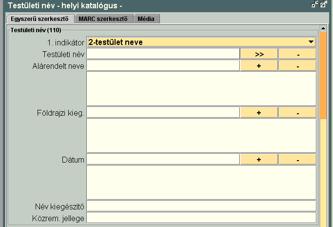 2. sz. kép 110 testületi név főtétel rendszó alárendelt testület földrajzi név Széchenyi István Egyetem. Egyetemi Könyvtár Xxx Osztály Győr 3. sz. kép Szerzőségi adatok - további: A név kiválasztása, illetve új tétel felvétele ugyanúgy történik, mint az előző esetben.