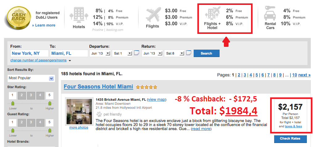 Hotel + Repülőjegy Cashback 8 %-ig (Megjegyzés: ez összesen akár 20% 30%-os árcsökkenést is jelenthet, amikor összehasonlítod az aktuális napi piaci Hotel+Repülőjegy árakkal ugyanarra a helyre.