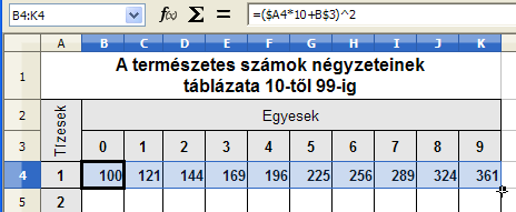 A vegyes hivatkozások begyakorlására készítsük el a következő feladatot. 3.9. 5. feladat Hozzuk létre a természetes számok négyzeteinek táblázatát 10-től 99-ig.