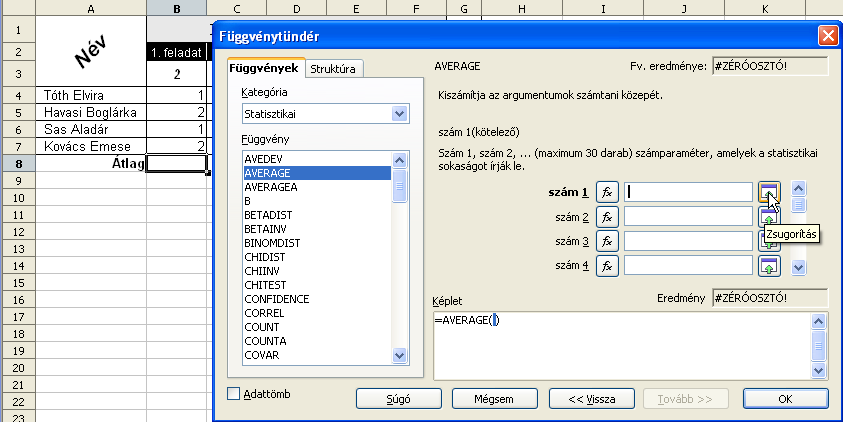 36. ábra: 7. feladat - függvénytündér Az ablakban, kategóriákba rendezetten találjuk a Calc összes függvényét. Egy függvényt kiválasztva az ablak jobb oldalán annak a magyarázatát olvashatjuk.