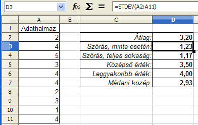 128. ábra: Statisztikai függvények Ebben a fejezetben tárgyalt függvények: A függvény neve FV PV PMT IPMT PPMT STDEV STDEVP STDEVA STDEVPA MEDIAN MODE GEOMEAN 91 Funkciója Egy befektetés jövőbeli