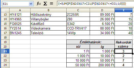 Az E21 cellában azt kell meghatározni, hogy hány olyan sora van az adattartománynak ahol a beszerzési ár nagyobb, mint 1 Ft de kisebb vagy egyenlő 1000 Ft-nál.