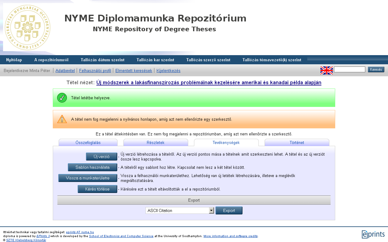 A tevékenységek fül alatt a vissza a munkaterületre gomb segítségével visszaléphet