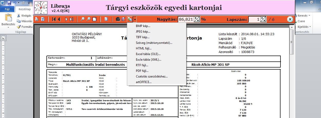 A Nyomtatás gomb tárgyi eszközöknél nem kínál fájlba nyomtatást, de a grafikus nyomtató kiválasztása után a kapott eredményt menthetjük az ablak tetején bekarikázott Exportálás ikonnal, például PDF