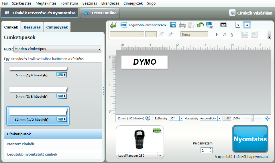 A DYMO Label szoftver használata A következő ábrán a DYMO Label szoftver néhány főbb funkciója látható. Elrendezést adhat meg a címkékhez.