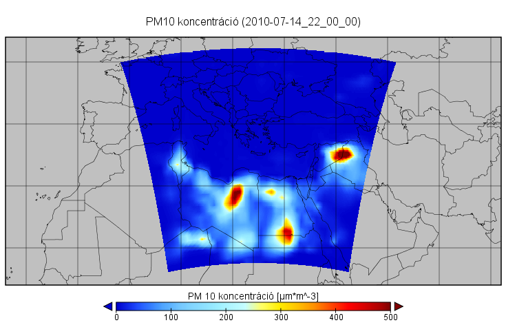9. ábra: A PM 10 emissziója 2010. július 14-én. 10. ábra: A PM 10 koncentrációja 2010.