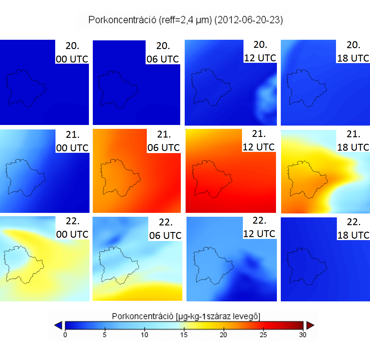 15. ábra. A 2,4 μm effektív sugarú porrészecskék koncentrációja 2012. június 20-a 00 UTC és 22-e 18 UTC között, 6 órás időközönként, a budapesti modelltartományra.