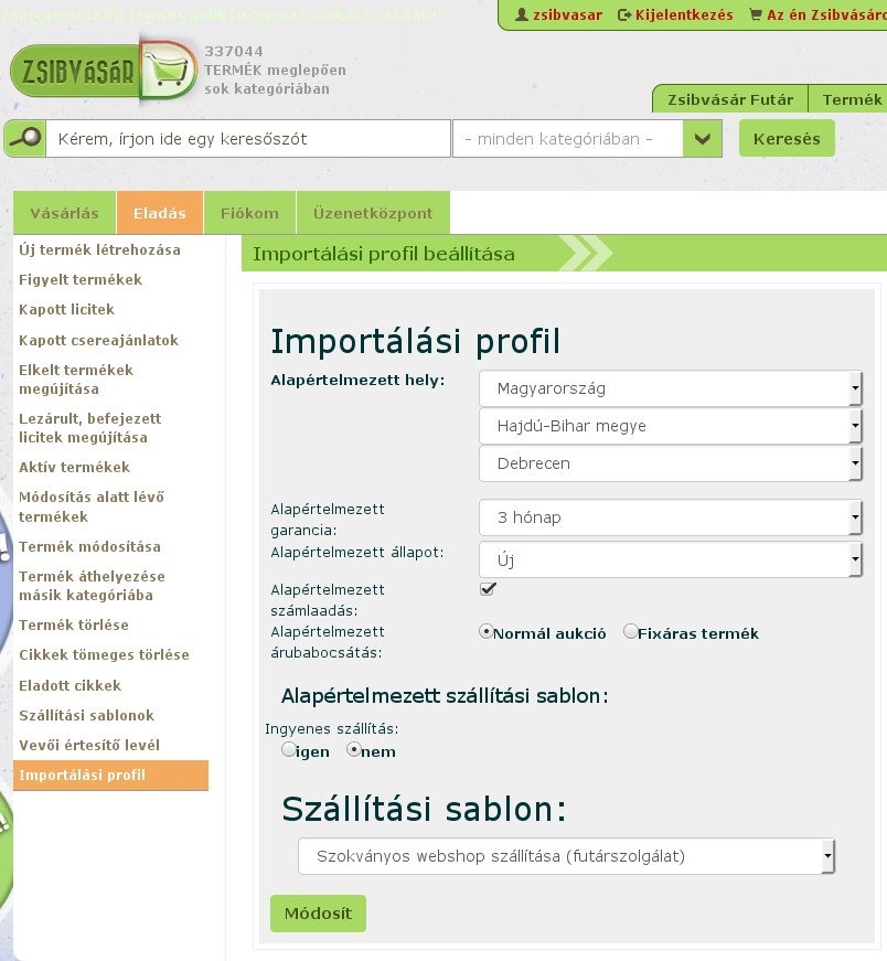 2) Importálás a zsibvásárra 2.1) Importálási profil A zsibvásáron jelentkezzünk be. Az eladás menüben az oldalsó menü lista alján megjelenik egy Importálási profil menü, egyenlőre csak ez.