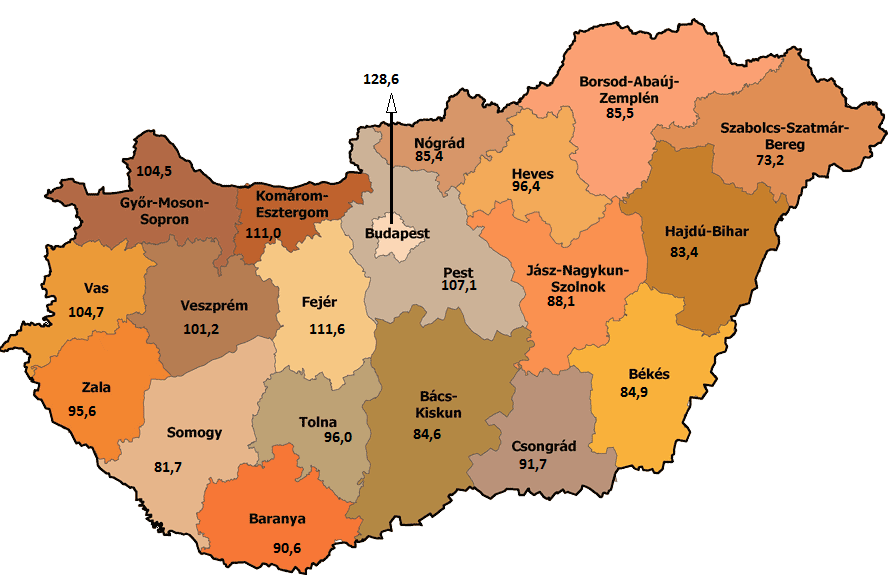 Magyarország megyéiben az egy főre jutó vásárlóerő, 2014 EU 100