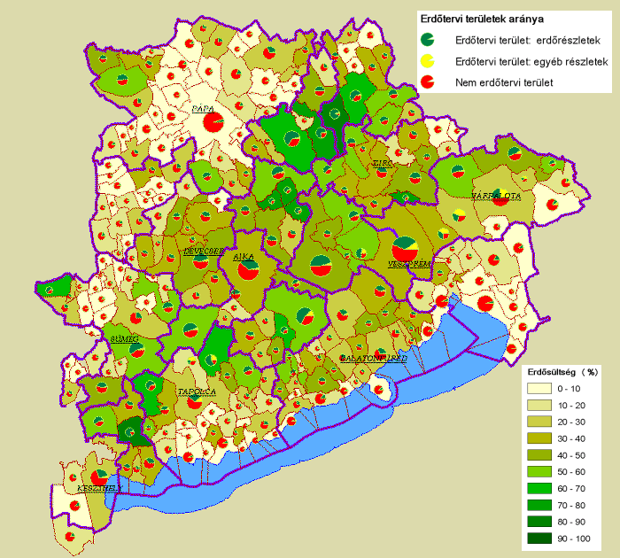 A megyei átlag (29,3%) felett erdősült települések a megye középső, Bakony-hegyvidéki területein koncentrálódnak (a 49-ből 43, illetve ha Dabronyt is ideszámítjuk, 44 település), ettől elszakadva a