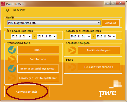 Amennyiben a feltöltött Excel állományokat az AbevJava programba kívánja feltölteni, kattintson az AbevJava betöltése gombra. 7.1.