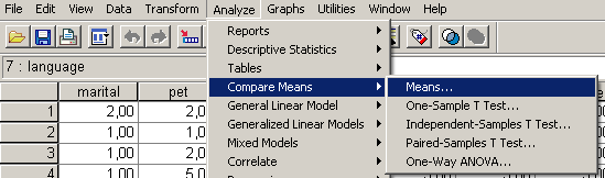 Az elemzést a klasztercentroidok (átlagok) alapján végezhetjük. Ehhez az átlag, elemszám és szórás értékeire lesz szükségünk. Az Analyze/Compare Means/Means parancsnál (102.