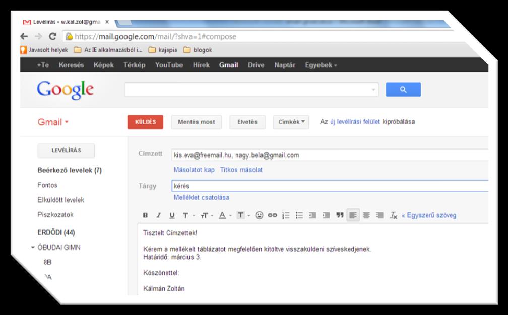 Levélírás Új levél szerkesztéséhez kattintsunk a LEVÉLÍRÁS gombra. A megjelenő űrlapot értelemszerűen ki kell töltenünk. 1. Adjuk meg a levél címzettjét. Több címzettet vesszővel kell elválasztanunk.