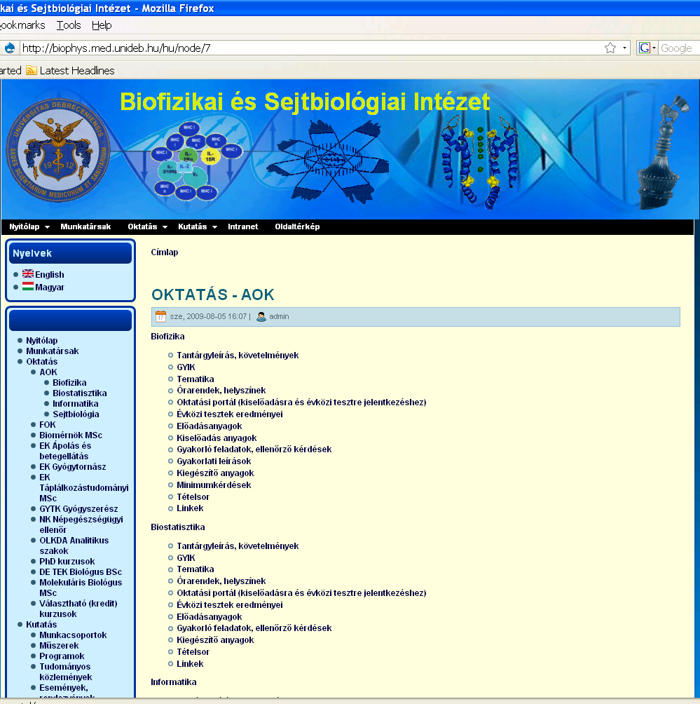 Oktatási web oldal: biophys.med.unideb.