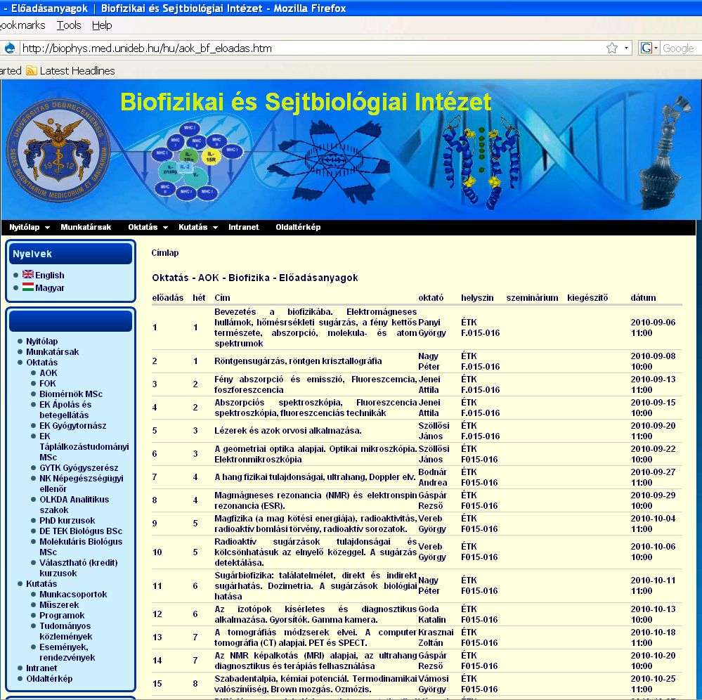 Oktatási web oldal: biophys.med.unideb.